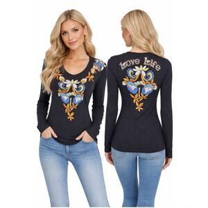 Johnny Was JWLA Embroidered Top XS Boho Long Sleeve Fitted